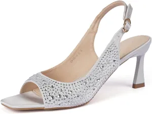 Women's Crystal Slingback Heels, Open Toe Kitten Heel Sandals