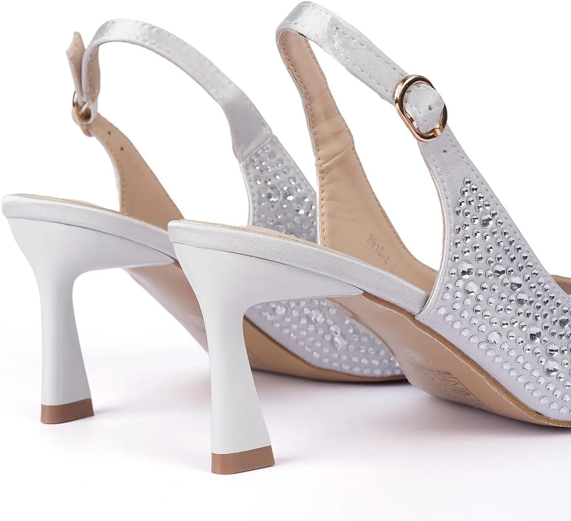 Women's Crystal Slingback Heels, Open Toe Kitten Heel Sandals