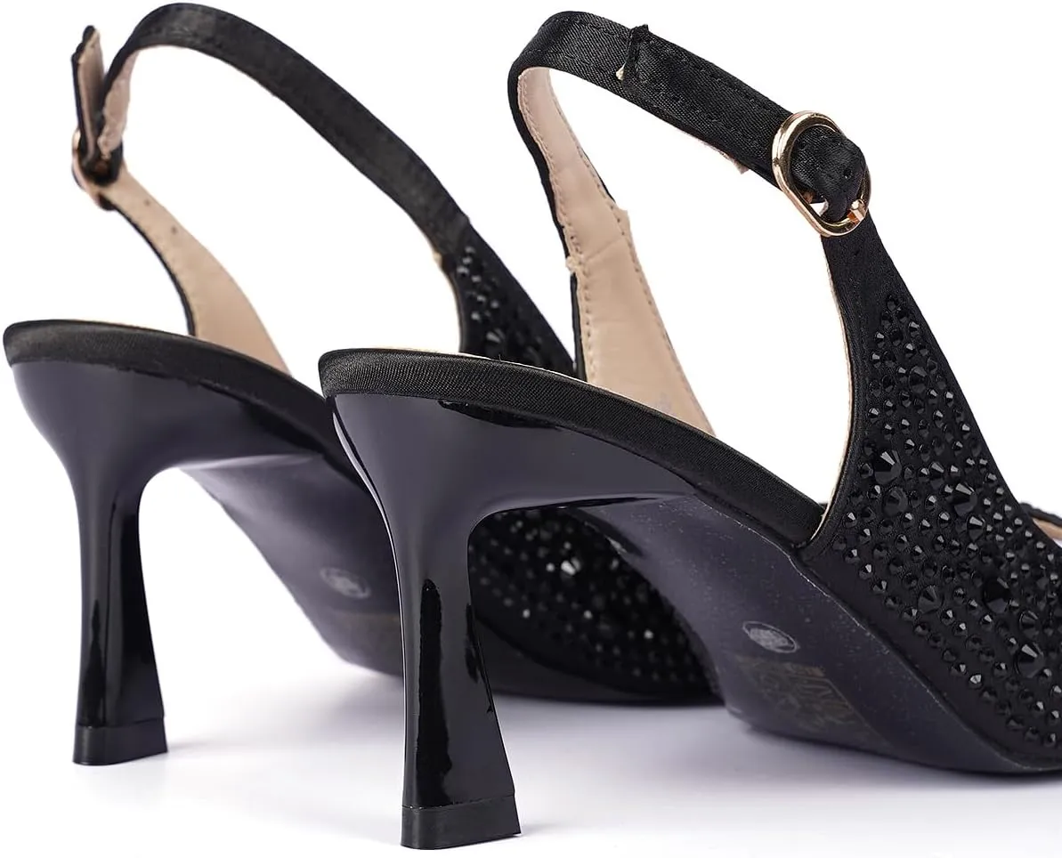 Women's Crystal Slingback Heels, Open Toe Kitten Heel Sandals