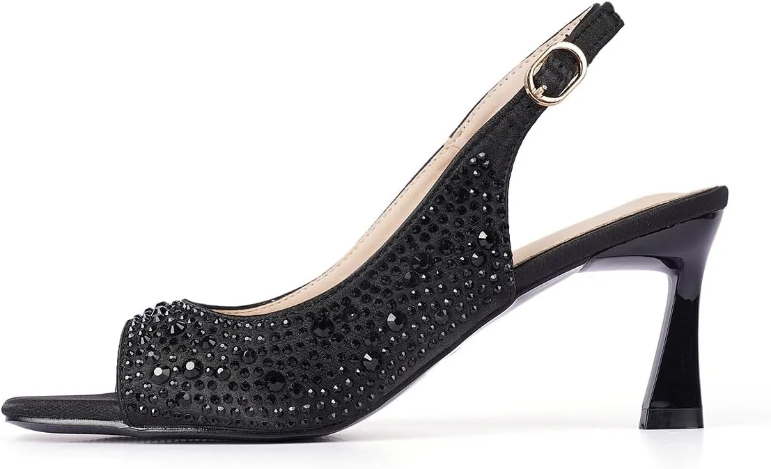 Women's Crystal Slingback Heels, Open Toe Kitten Heel Sandals