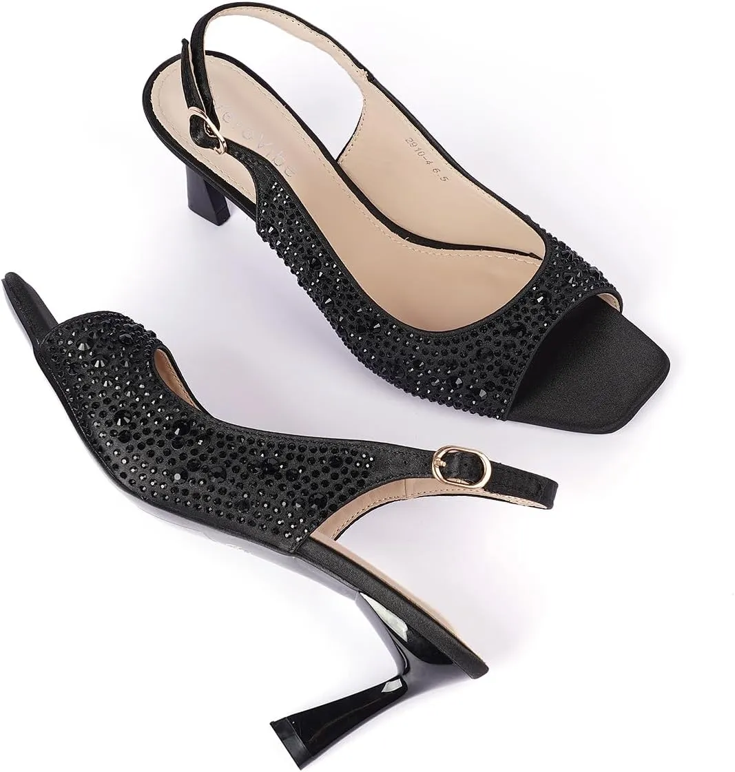 Women's Crystal Slingback Heels, Open Toe Kitten Heel Sandals