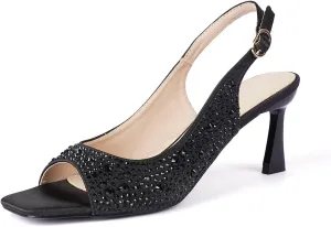 Women's Crystal Slingback Heels, Open Toe Kitten Heel Sandals