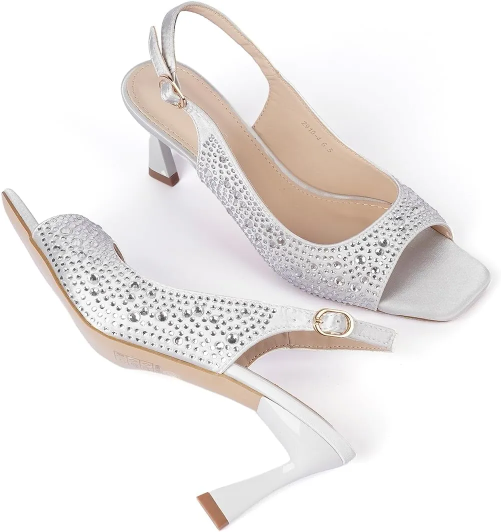 Women's Crystal Slingback Heels, Open Toe Kitten Heel Sandals