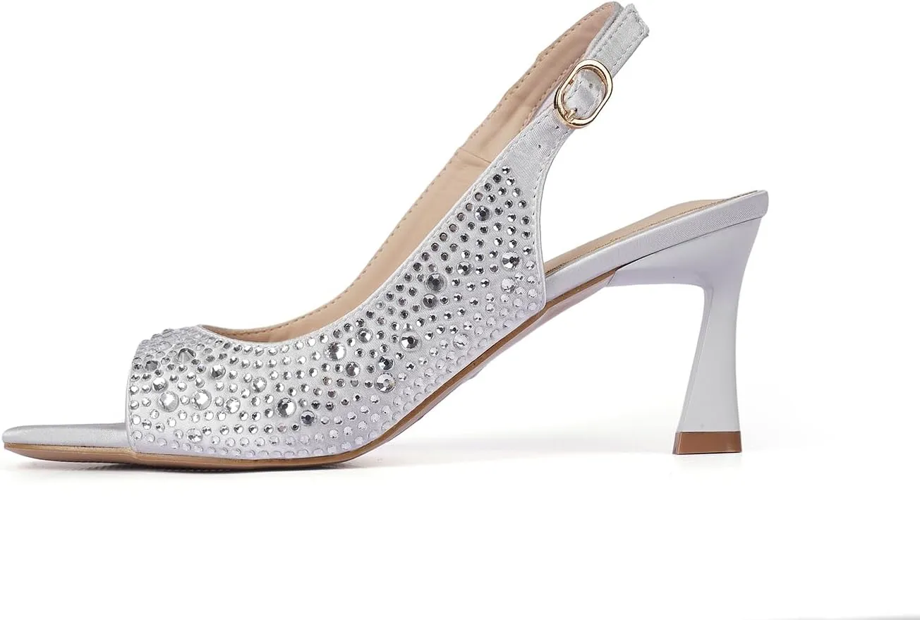 Women's Crystal Slingback Heels, Open Toe Kitten Heel Sandals
