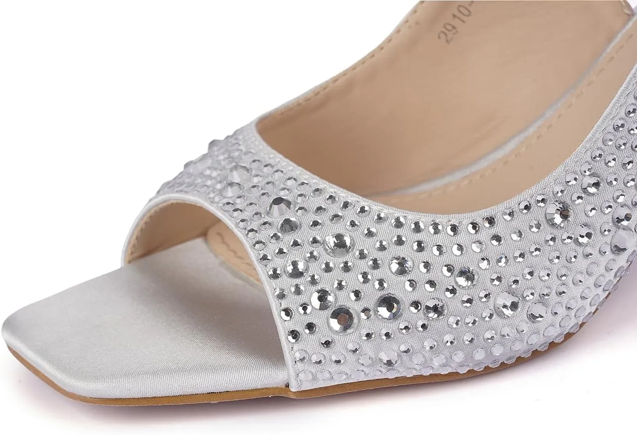 Women's Crystal Slingback Heels, Open Toe Kitten Heel Sandals