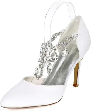 Women's Crystal White Wedding Shoes for Bride High Heels Pointed Toe Bridal Shoes Prom Party Dress Pumps Sandals