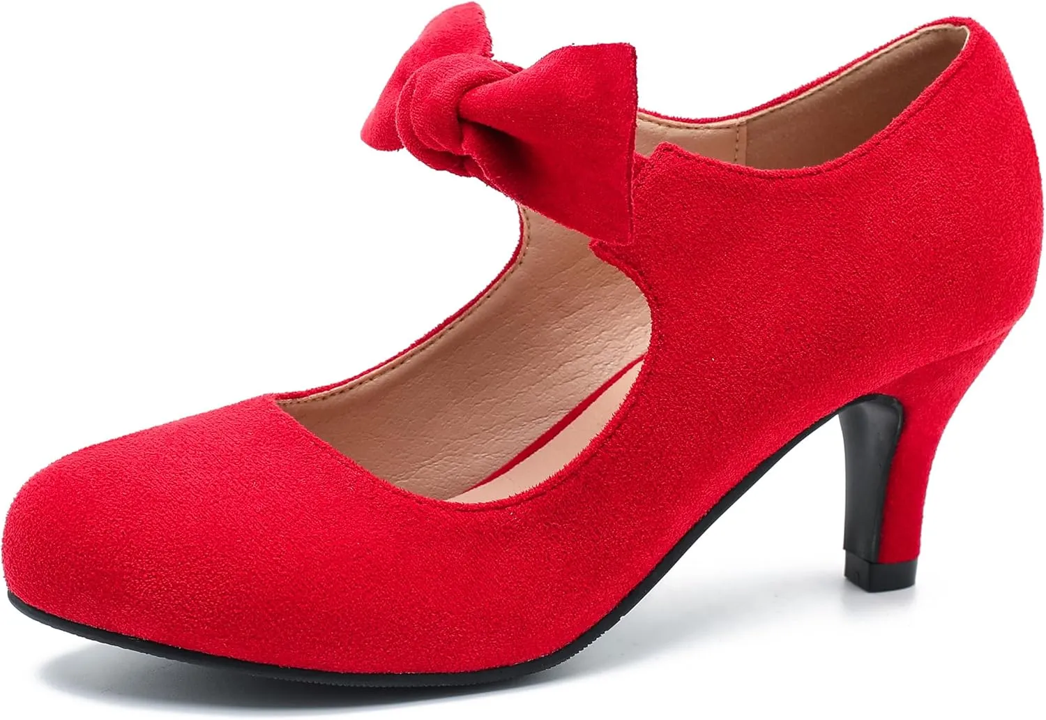 Women's Cute Bow Heels Mary Jane Kitten Heel Pumps Closed Round Toe Low Heels Ankle Strap Wedding Evening Party Dress Office Work Church Shoes