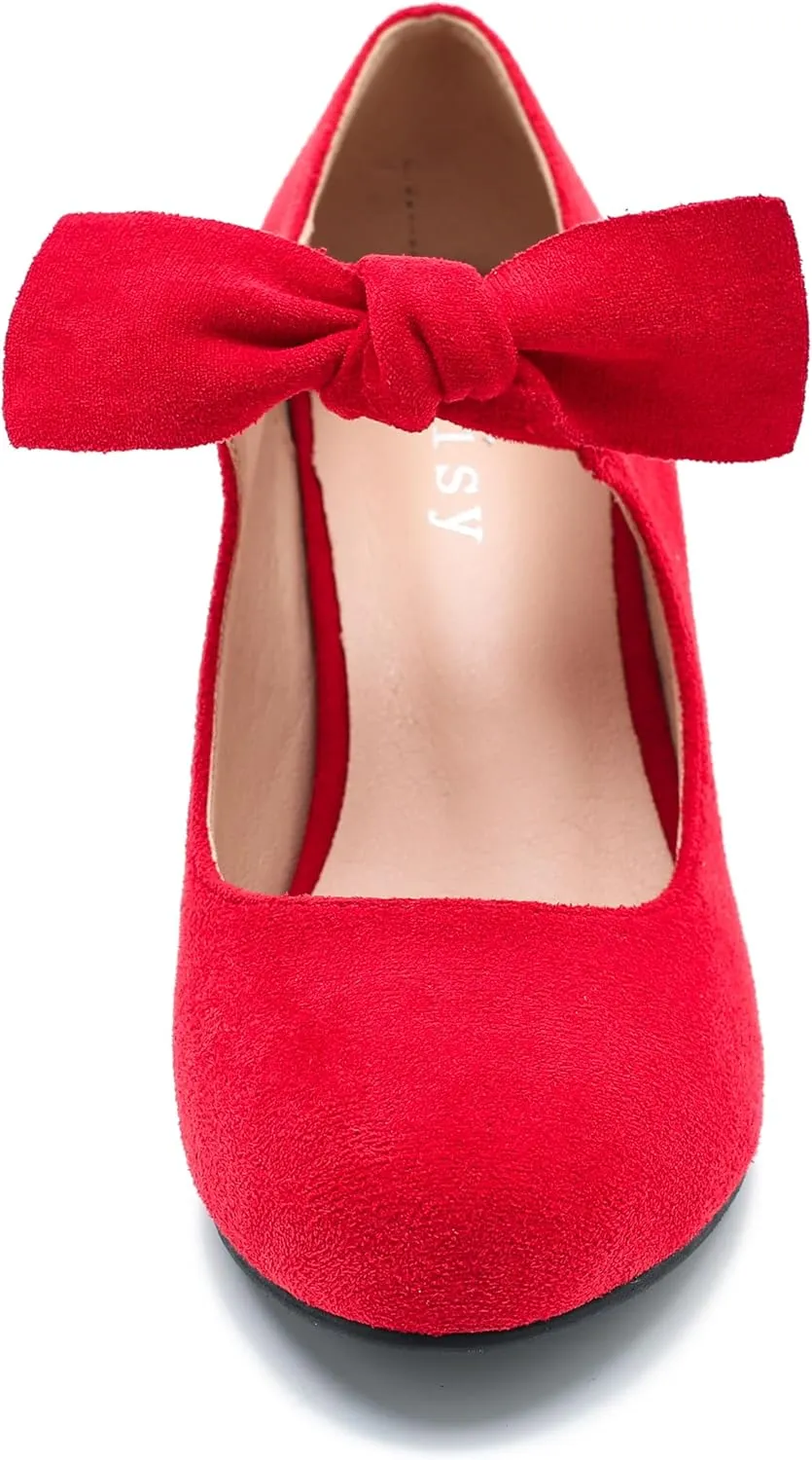 Women's Cute Bow Heels Mary Jane Kitten Heel Pumps Closed Round Toe Low Heels Ankle Strap Wedding Evening Party Dress Office Work Church Shoes