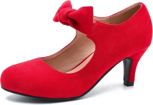 Women's Cute Bow Heels Mary Jane Kitten Heel Pumps Closed Round Toe Low Heels Ankle Strap Wedding Evening Party Dress Office Work Church Shoes