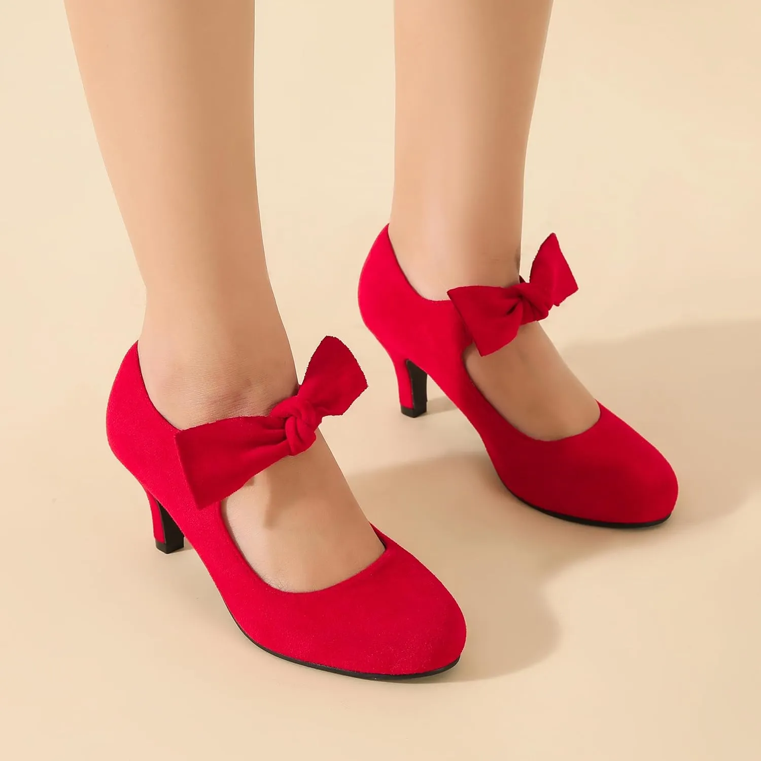 Women's Cute Bow Heels Mary Jane Kitten Heel Pumps Closed Round Toe Low Heels Ankle Strap Wedding Evening Party Dress Office Work Church Shoes
