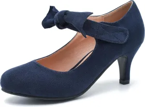 Women's Cute Bow Heels Mary Jane Low Kitten Heel Pumps Closed Toe Bowtie Ankle Strap Hook & Loop Vintage Wedding Evening Party Dress Office Work Church Shoes