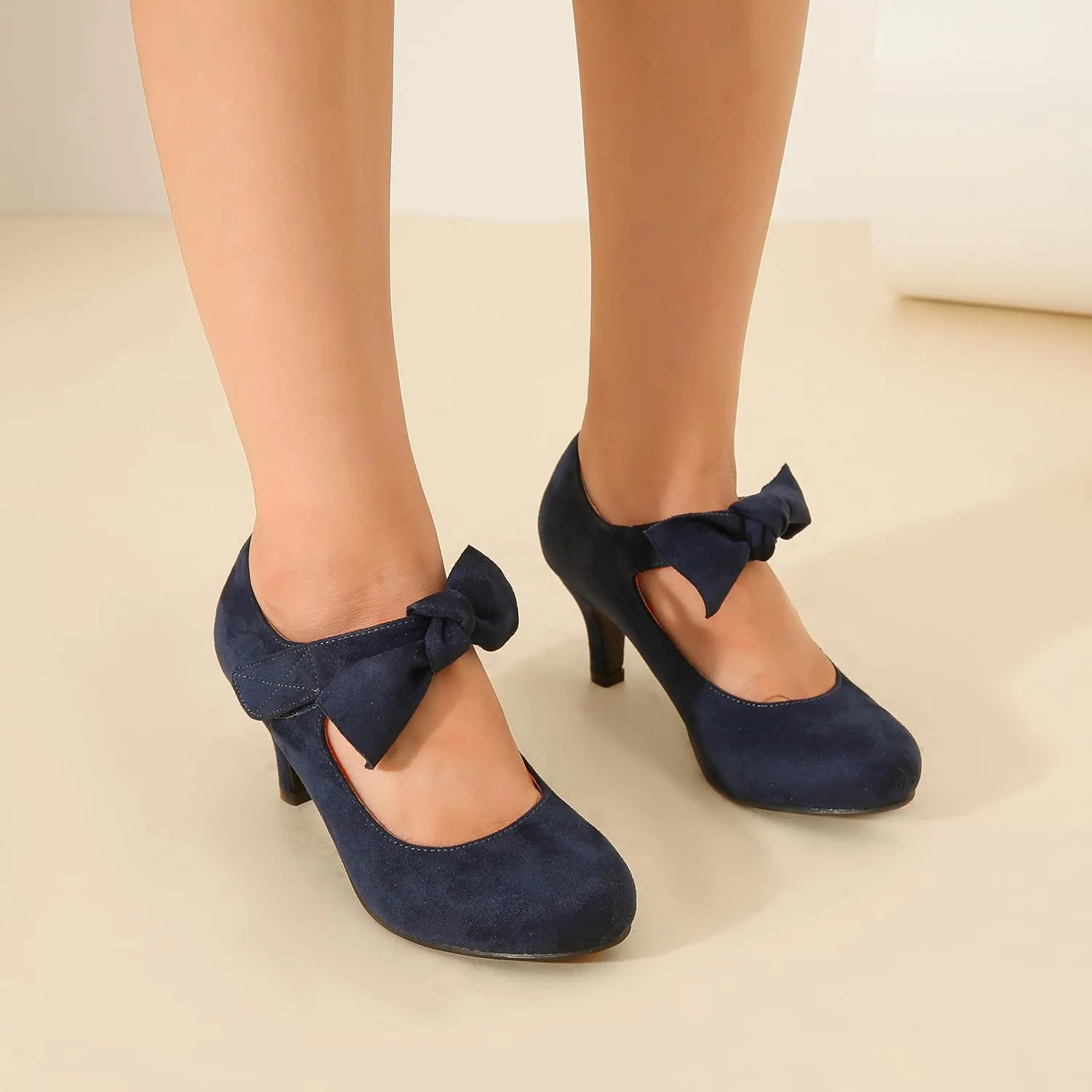 Women's Cute Bow Heels Mary Jane Low Kitten Heel Pumps Closed Toe Bowtie Ankle Strap Hook & Loop Vintage Wedding Evening Party Dress Office Work Church Shoes