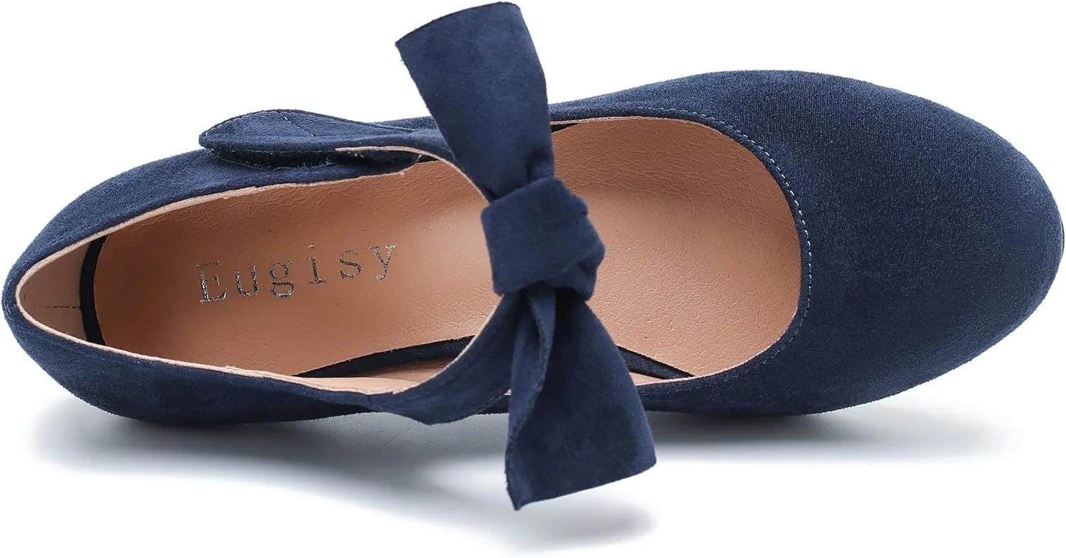 Women's Cute Bow Heels Mary Jane Low Kitten Heel Pumps Closed Toe Bowtie Ankle Strap Hook & Loop Vintage Wedding Evening Party Dress Office Work Church Shoes