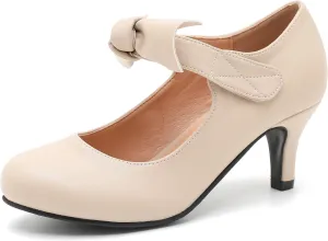 Women's Cute Bow Heels Mary Jane Low Kitten Heel Pumps Closed Toe Bowtie Ankle Strap Hook & Loop Vintage Wedding Evening Party Dress Office Work Church Shoes