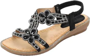 Womens Elastic Band Front Rear Strap Wedge Heel Open Side Vamp Gladiator Sandals PU Upper Crystal Bohemian Floral Casual