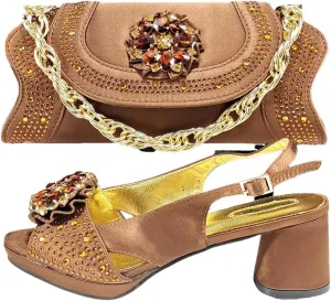 Women’S Elegant Olive Diamond Pumps and Matching Bag Set with Rhinestone Metal Decoration for Wedding Party Comfortable Streamline Slingbacks