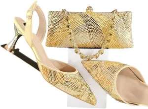 Women’S Graffiti Crystal Office Shoes and Bag Set with Thin Heel and Metal Diamond Bracelet for Special