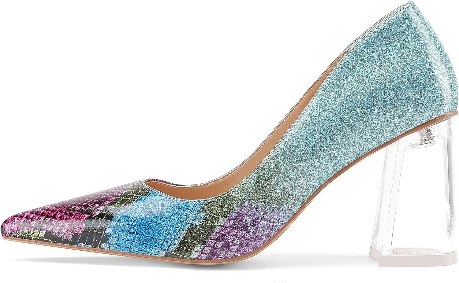 Women's High Chunky Heel Dress Pumps Shoes Sparkly Pointed Closed Toe Block Clear Heels for Women