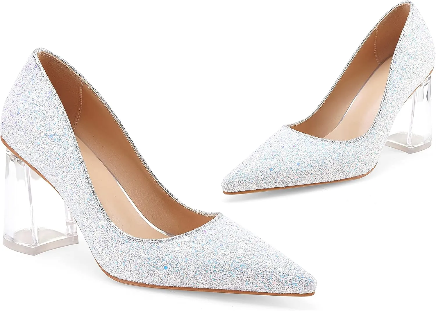 Women's High Chunky Heel Dress Pumps Shoes Sparkly Pointed Closed Toe Block Clear Heels for Women