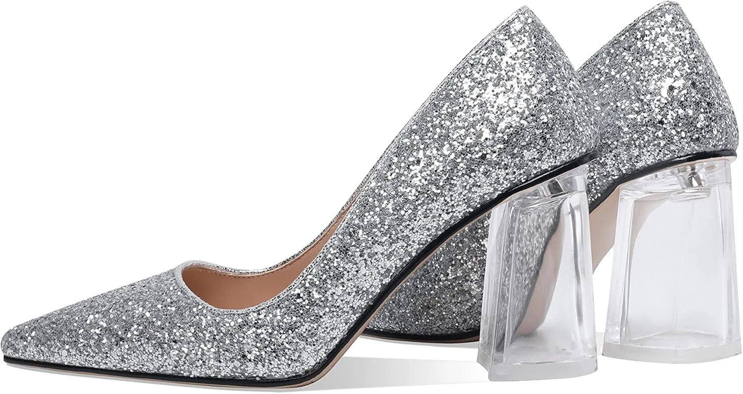 Women's High Chunky Heel Dress Pumps Shoes Sparkly Pointed Closed Toe Block Clear Heels for Women