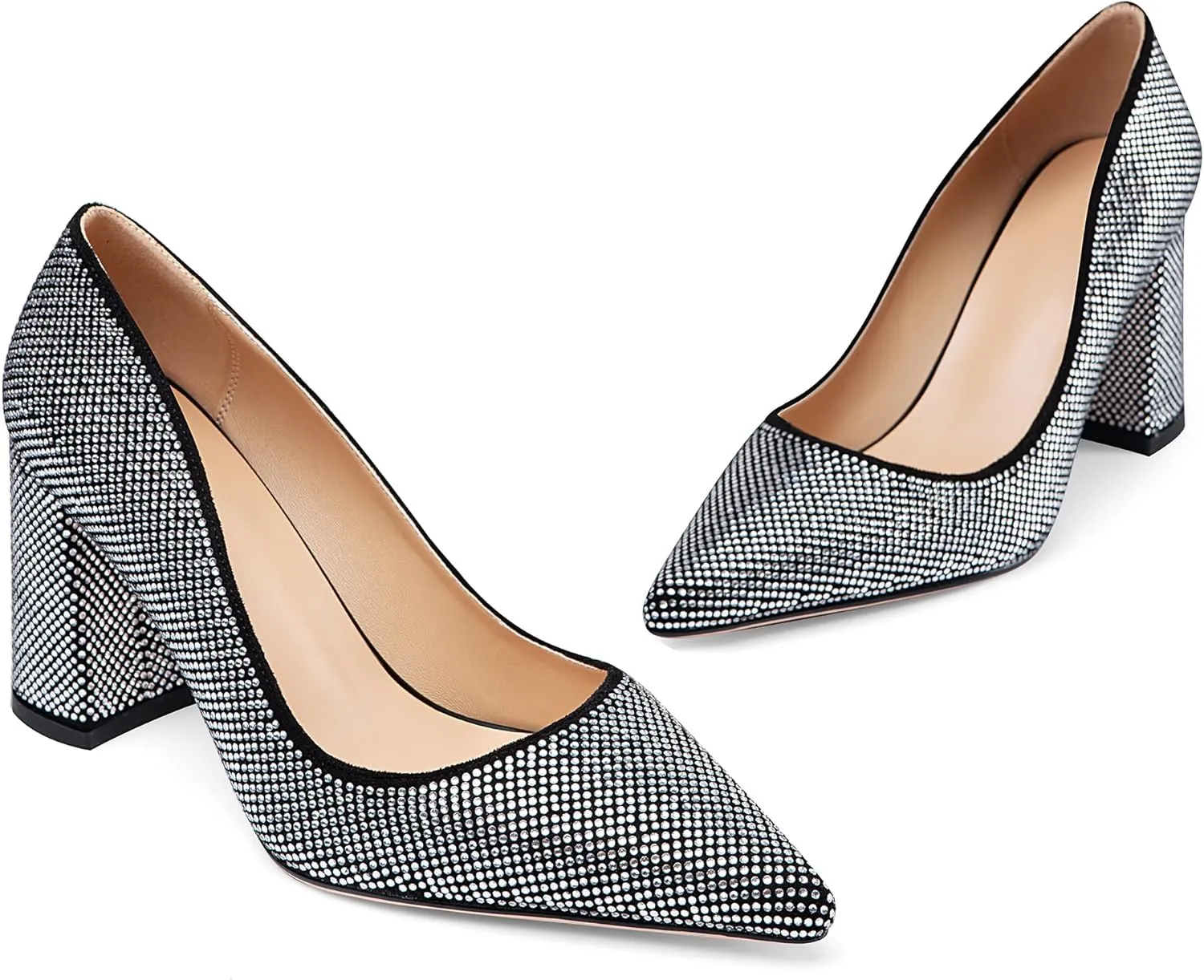 Women's High Chunky Heel Dress Pumps Shoes Sparkly Pointed Closed Toe Block Clear Heels for Women
