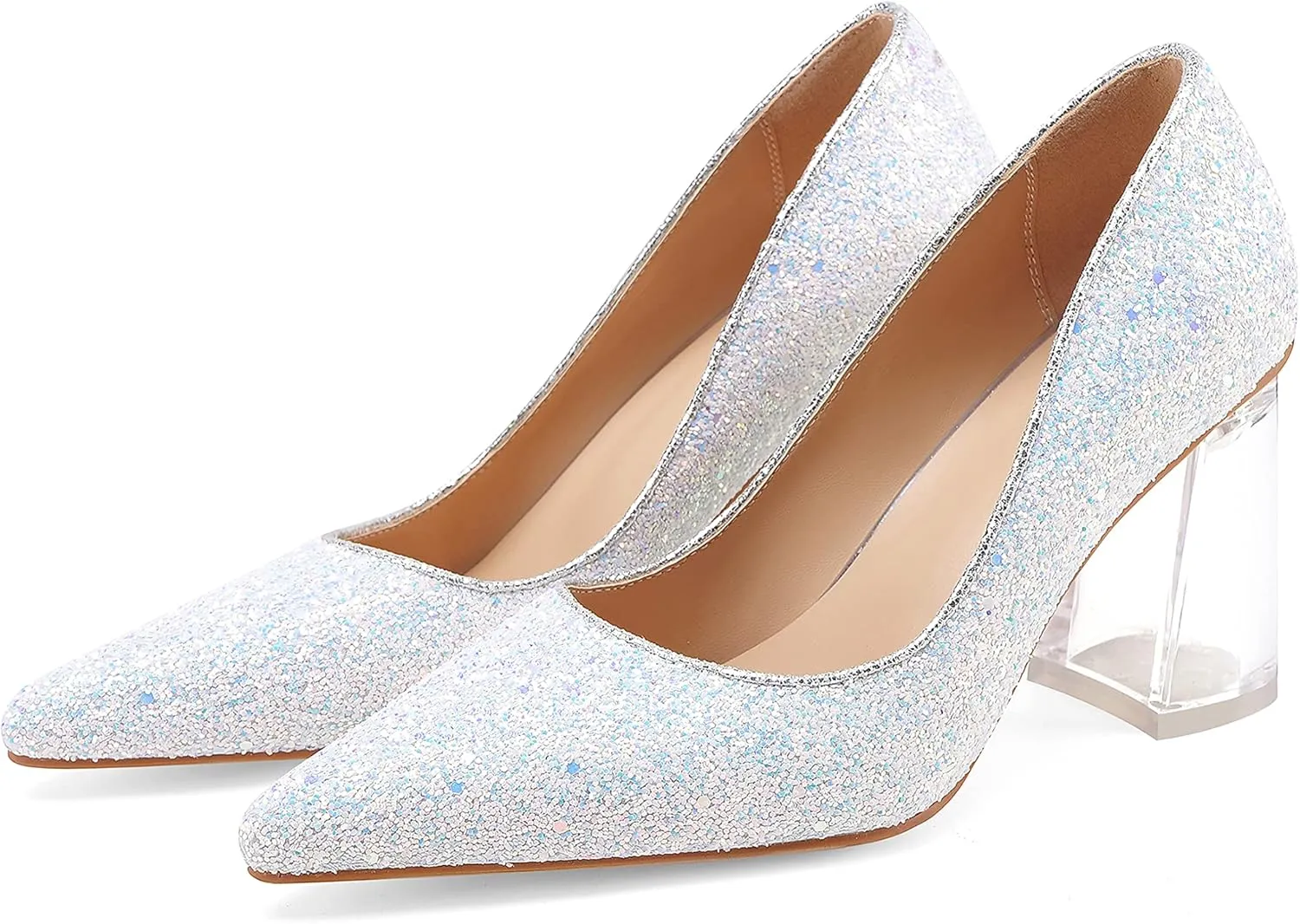Women's High Chunky Heel Dress Pumps Shoes Sparkly Pointed Closed Toe Block Clear Heels for Women