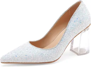 Women's High Chunky Heel Dress Pumps Shoes Sparkly Pointed Closed Toe Block Clear Heels for Women