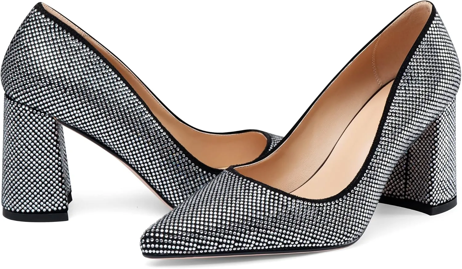 Women's High Chunky Heel Dress Pumps Shoes Sparkly Pointed Closed Toe Block Clear Heels for Women