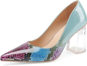 Women's High Chunky Heel Dress Pumps Shoes Sparkly Pointed Closed Toe Block Clear Heels for Women