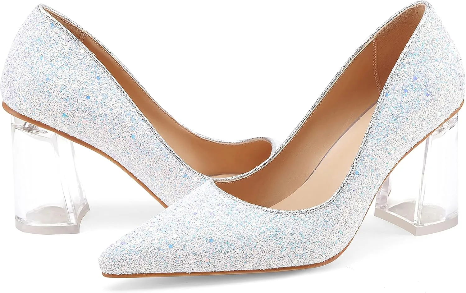 Women's High Chunky Heel Dress Pumps Shoes Sparkly Pointed Closed Toe Block Clear Heels for Women