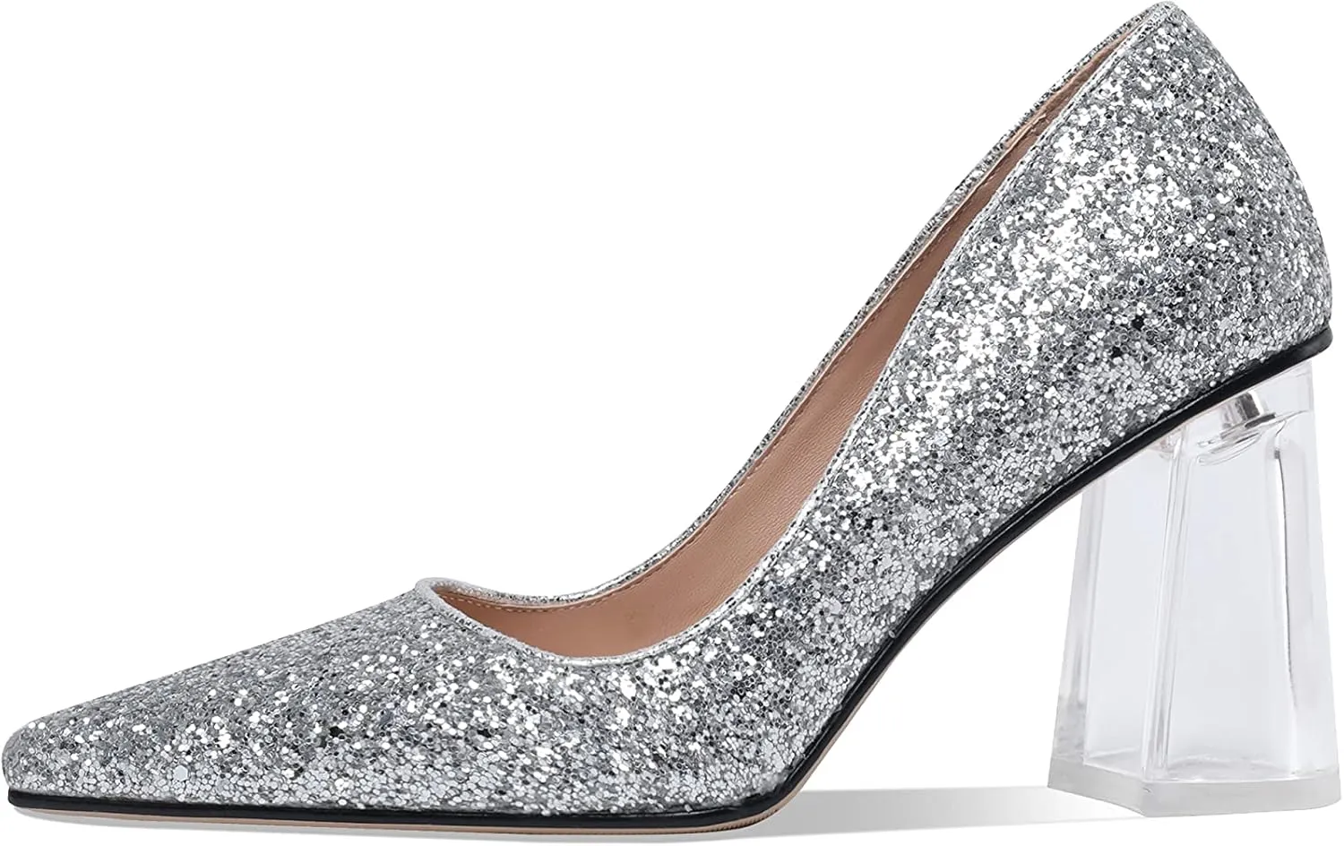 Women's High Chunky Heel Dress Pumps Shoes Sparkly Pointed Closed Toe Block Clear Heels for Women