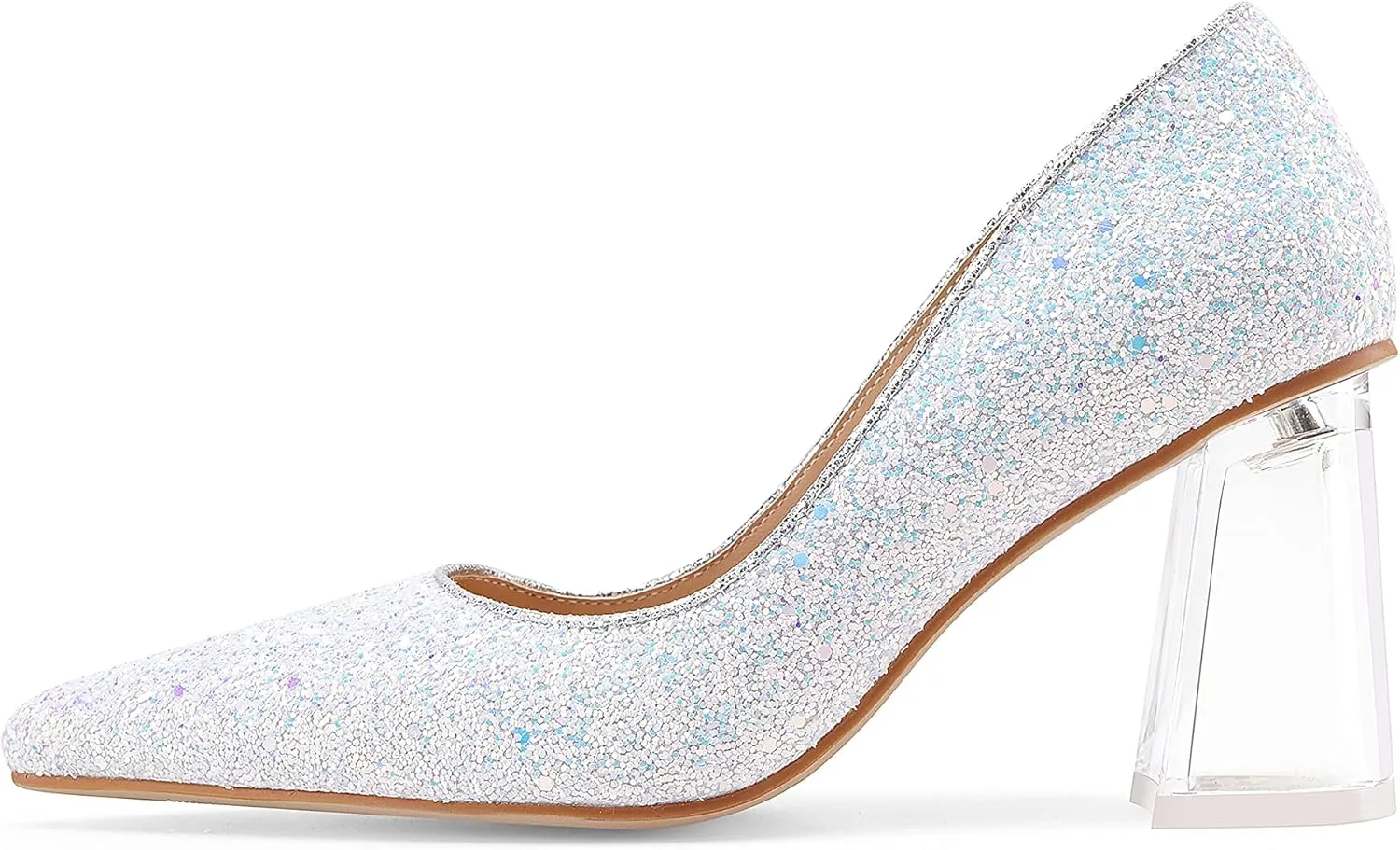 Women's High Chunky Heel Dress Pumps Shoes Sparkly Pointed Closed Toe Block Clear Heels for Women