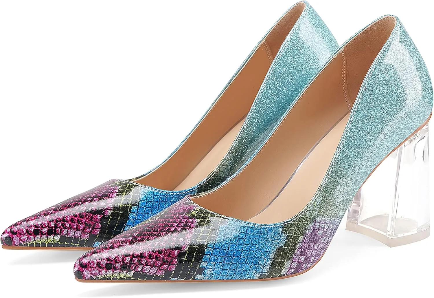Women's High Chunky Heel Dress Pumps Shoes Sparkly Pointed Closed Toe Block Clear Heels for Women