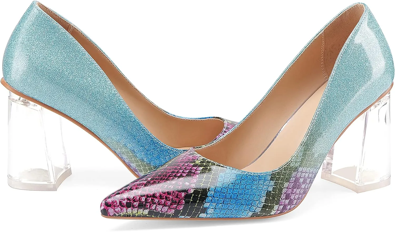 Women's High Chunky Heel Dress Pumps Shoes Sparkly Pointed Closed Toe Block Clear Heels for Women