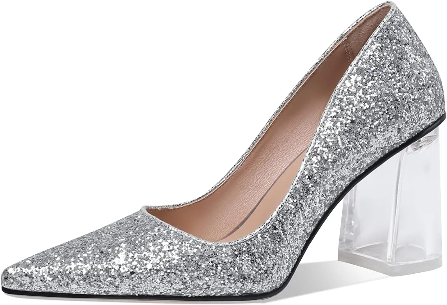 Women's High Chunky Heel Dress Pumps Shoes Sparkly Pointed Closed Toe Block Clear Heels for Women