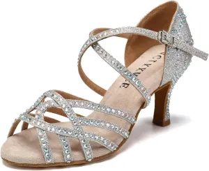 Women's Latin Dance Shoes Rhinestones Professional Ballroom Salsa Dance Shoes Suede Sole
