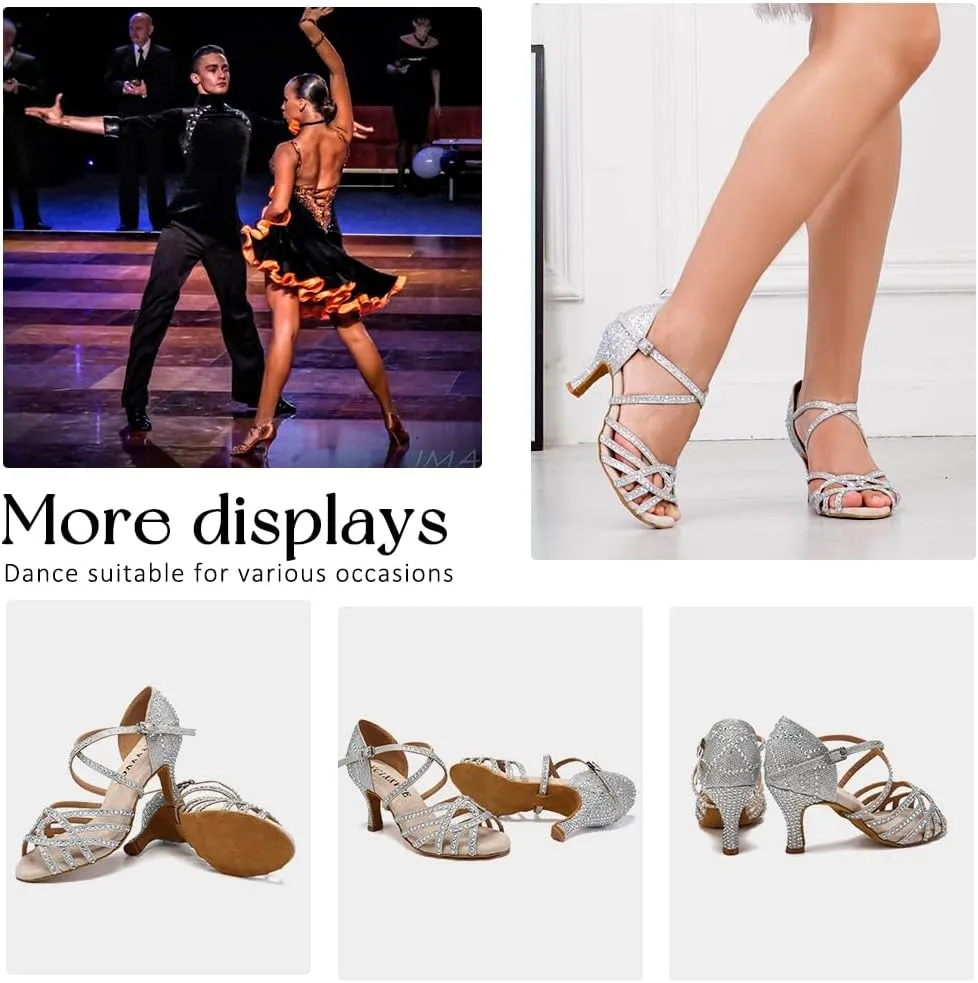 Women's Latin Dance Shoes Rhinestones Professional Ballroom Salsa Dance Shoes Suede Sole