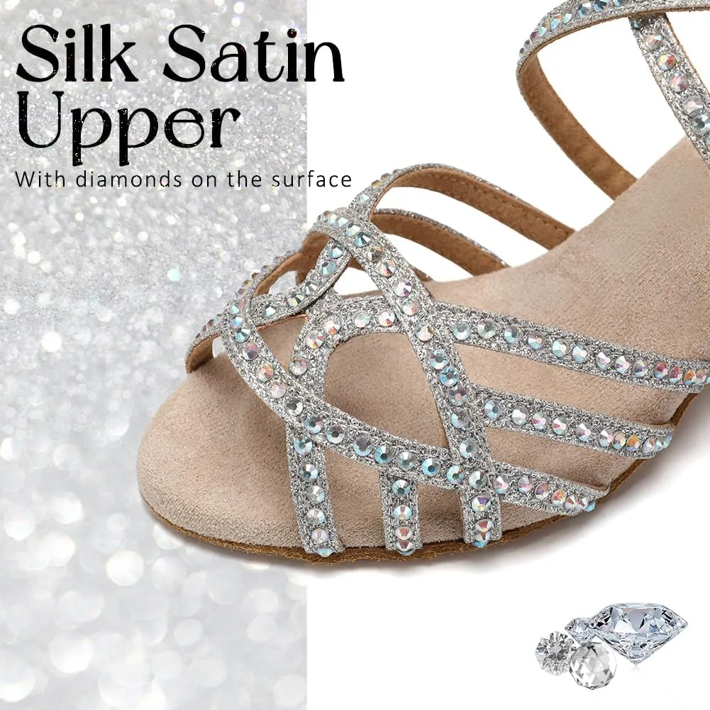 Women's Latin Dance Shoes Rhinestones Professional Ballroom Salsa Dance Shoes Suede Sole