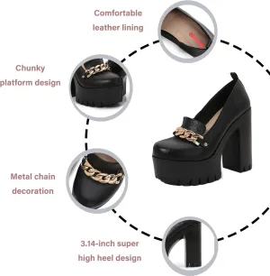Women's Leather Metal Chain Chunky High Heel Loafers Retro Round Toe Platform Block Heel Lug Sole Non-Slip Comfortable Party Evening Dress Pumps for Y2K Goth Punk