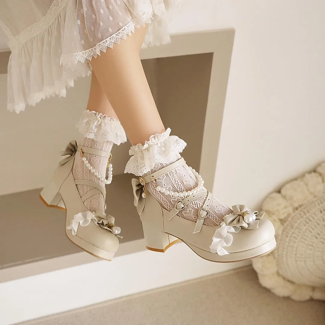 Women's Lolita Mary Jane Heels with Bow, Kawaii Chunky Block Ankle Strap Cosplay Shoes, Cute Dress Platform Mary Jane Pumps