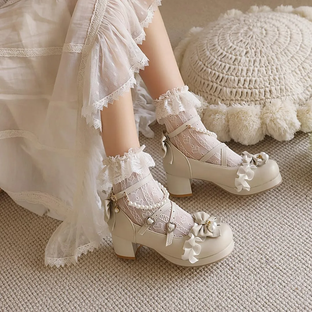 Women's Lolita Mary Jane Heels with Bow, Kawaii Chunky Block Ankle Strap Cosplay Shoes, Cute Dress Platform Mary Jane Pumps