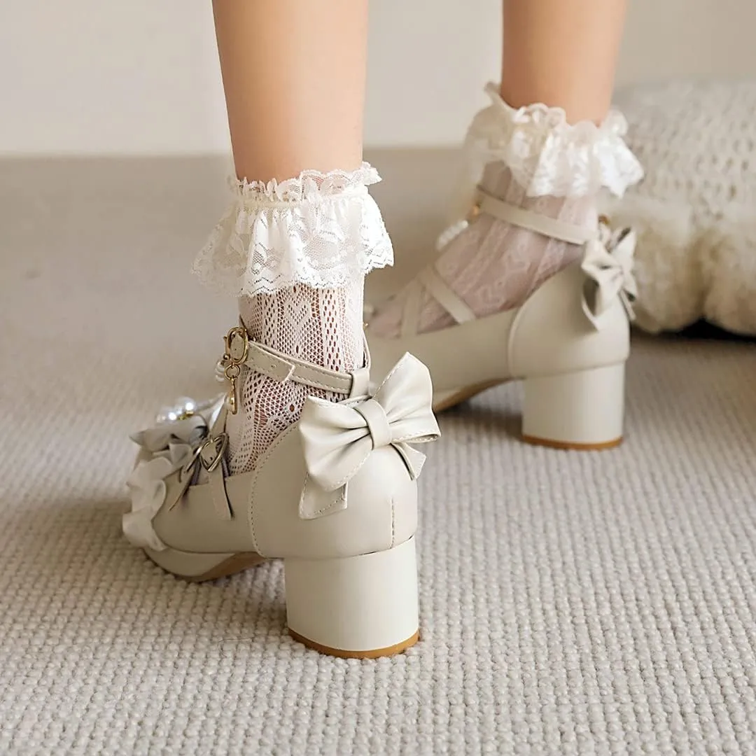 Women's Lolita Mary Jane Heels with Bow, Kawaii Chunky Block Ankle Strap Cosplay Shoes, Cute Dress Platform Mary Jane Pumps