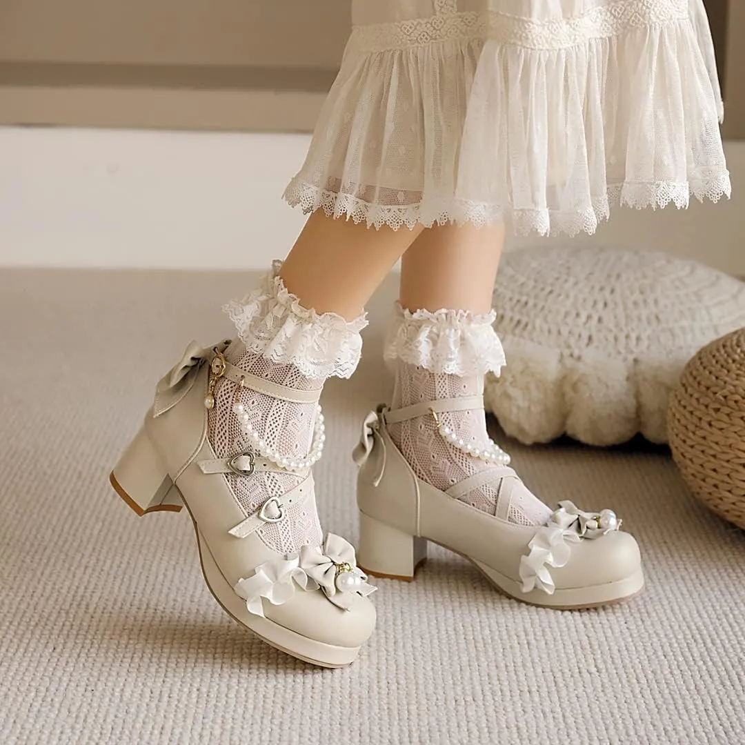 Women's Lolita Mary Jane Heels with Bow, Kawaii Chunky Block Ankle Strap Cosplay Shoes, Cute Dress Platform Mary Jane Pumps