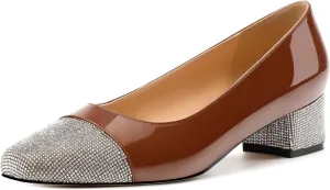 Womens Low Block Heel Pumps, Sqaure Toe Chunky Heel Pumps for Women, Color Blocking Office Daily Shoes