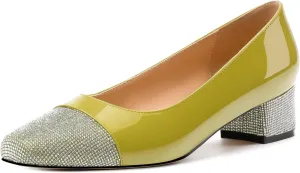Womens Low Block Heel Pumps, Sqaure Toe Chunky Heel Pumps for Women, Color Blocking Office Daily Shoes