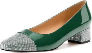 Womens Low Block Heel Pumps, Sqaure Toe Chunky Heel Pumps for Women, Color Blocking Office Daily Shoes