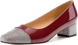Womens Low Block Heel Pumps, Sqaure Toe Chunky Heel Pumps for Women, Color Blocking Office Daily Shoes