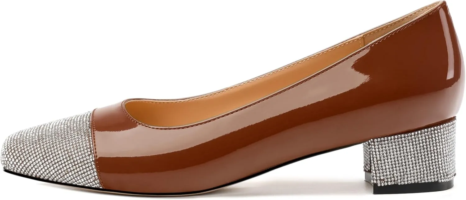 Womens Low Block Heel Pumps, Sqaure Toe Chunky Heel Pumps for Women, Color Blocking Office Daily Shoes