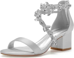Women's Low Block Heel Sandals Chunky Ankle Strap Crystal Wedding Dress Shoes Low Heel Comfortable Pump Sandals