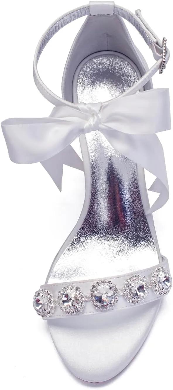 Women's Low Block Heels Sandals Peep Toe Chunky Ankle Strap Crystal Wedding Dress Shoes with Bow